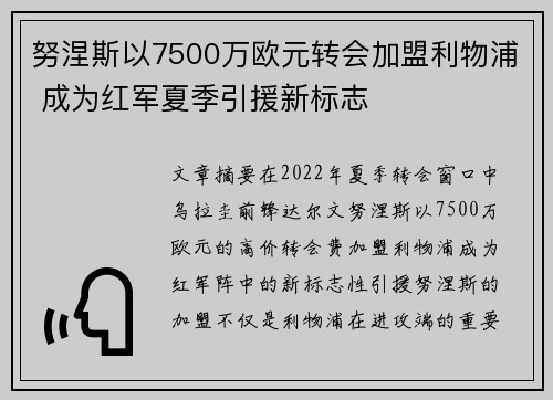 努涅斯以7500万欧元转会加盟利物浦 成为红军夏季引援新标志
